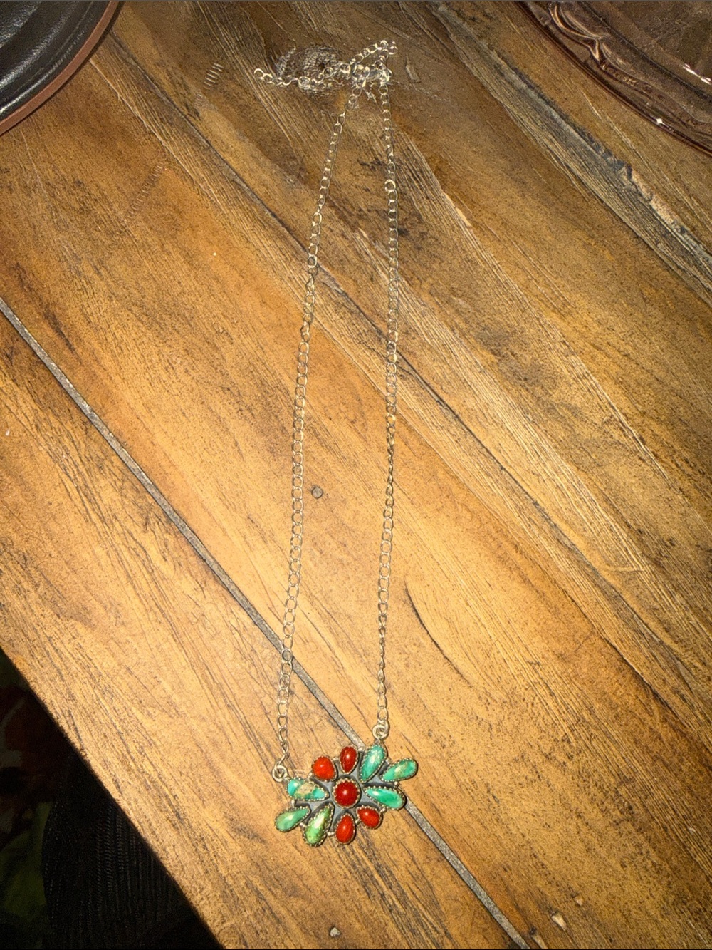 Silver Chain Necklace with Red and Turquoise Floral Pendant- Stamped 925